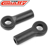 Two black plastic rod end connectors for rc cars with circular holes, labeled as Team Corally C-00180-044 Ball Joint 6mm (2) compatible with radio control parts.
