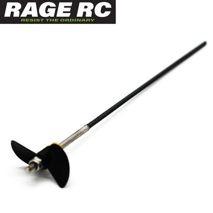 Rage RC RGRB1470 Propeller w/ Drive Shaft Lightwave 400BL for radio control parts, featuring a black propeller and a long metal drive shaft designed for rc cars.