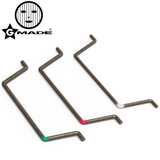 Three metal cantilever sway bars with colored ends on a white background featuring the Gmade logo, designed as Gmade GM30143 Cantilever Sway Bar Set GS02 BOM for rc car parts.