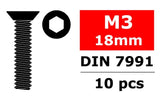 Team Corally C-3002-30-18 Hex Flat Head Steel Screws M3 x 18mm (10) illustration showing hexagonal socket design and specifications for radio control parts use.