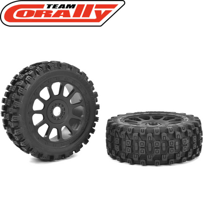 Two Team Corally Scorpion XTB Off-Road 1/8 Buggy Tires Pre-Mounted (2) with aggressive tread pattern designed for enhanced traction on rough terrain.