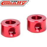 Two red anodized aluminum collars with threaded holes designed for anti-roll bars, shown on a white background, part of the Team Corally C-00180-231 Aluminum Collar for Anti-roll Bar (2) set.
