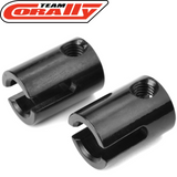 Two black metal components designed for radio control car parts, specifically Team Corally C-00180-155-2 Steel Pinion Outdrive Cup (2), shown with smooth finish and threaded holes.