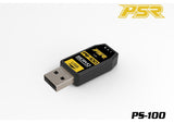 POWERSTAR PS-100 USB Servo Programmer device shown with USB connector and labeled for programming RC car servo motors, featuring a compact black and yellow design.