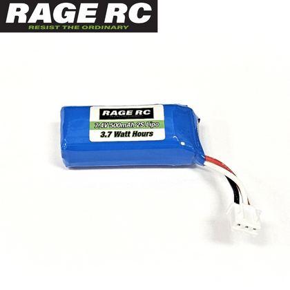 Rage RC RGRC2480 Mini Trek 7.4V 500mAh LiPo Battery in blue casing with connector wires, designed for radio control car parts and RTR RC cars.