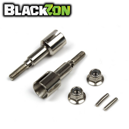 Two metal rear wheel axles with threaded ends and matching nuts and pins, radio control parts for BlackZon BZN540241 Rear Wheel Axles Smyter.
