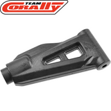Black plastic rc car part with structural openings and cylindrical mounts, identified as Team Corally COR00180-936 Upper Front Suspension Arm HDA-3 for radio control cars.