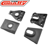 Set of four black plastic components designed for radio control parts, specifically the Team Corally COR00180-924 Body Post Protection Plate Set for RC cars.