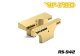 Two gold-colored brass chassis weights labeled 50g and 100g with VP-PRO branding, shown with VP-PRO RS-942 Infinity IFB8 Brass Front Chassis Weights 50g 100g text.