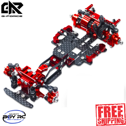 G-Force TT24 1/24 Full CNC Aluminum Drift RWD Chassis Kit featuring red anodized aluminum components and carbon fiber plates, designed for precision and durability in radio control parts.