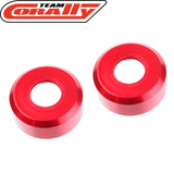 Two red anodized aluminum spacers designed for radio control car parts, identified as Team Corally COR00180-532 HDA Suspension Arm Outer Spacer (2).