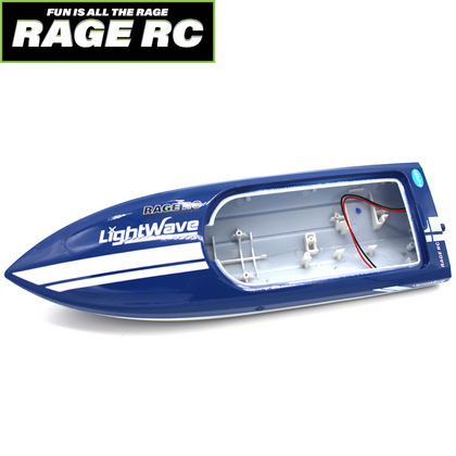 Rage RC RGRB1160 Replacement Hull Blue Lightwave in blue color featuring detailed interior framework designed for radio control parts and rc car parts customization.