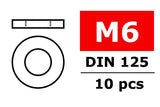 Team Corally C-3201-60 M6 Steel Washer (10) Silver technical diagram showing washer dimensions and specifications including DIN 125 standard and pack of 10 pieces for rc car parts.