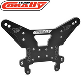 Black anodized rc car part with multiple mounting holes, engraved logos, made of 5mm 7075 T6 aluminum, labeled Team Corally C-00180-1123 Asuga XLR Rear Shock Tower 5mm 7075 T6 Aluminum.