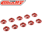 Team Corally C-3213-30-5 M3 Red Aluminum Washer OD=8mm (10) shown as a set of ten anodized red aluminum washers, suitable for radio control car parts and RC car customization.