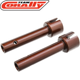 Two brown Team Corally COR00180-368-X Long Rear PRO Drive Axle Swiss Spring Steel parts for radio control cars, shown on a white background with the Team Corally logo.