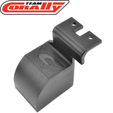 Black plastic Team Corally C-00180-655 Pinion Cover for protecting pinion gears on radio control cars, featuring embossed logo and mounting holes for easy installation.