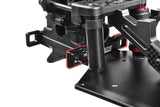 Close-up of a black aluminum mounting bracket installed on a radio control car chassis featuring Team Corally C-00180-140 Aluminum Suspension Arm Mount PRO Front-Rear for enhanced suspension stability.