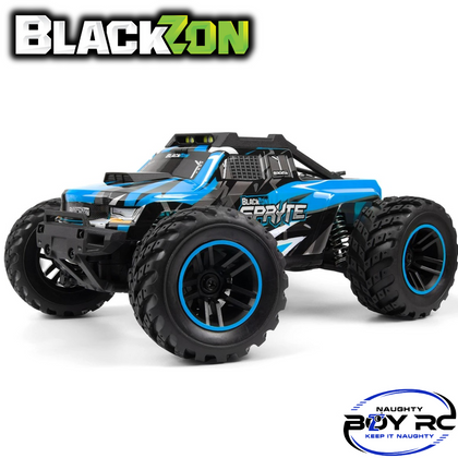 Blue and black Blackzon Spryte MT 1/20 4WD Monster Truck RTR Blue with large rugged tires designed for off-road RC car parts and performance.