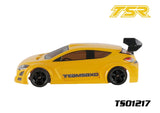 Yellow Team Saxo TS01217 MGT 225mm 1/10 Car Body Clear Hatchback with black wheels and aerodynamic rear wing designed for radio control cars.