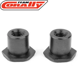 Two black metal bushings designed for radio control parts, shown side by side, labeled as Team Corally C-00180-206 Steel Steering Rack Bushing (2) for rc cars.