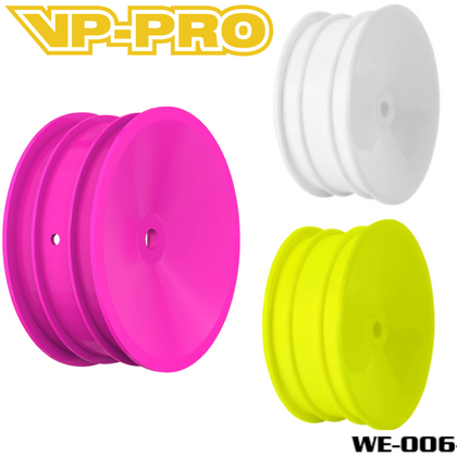 VP-PRO WE-006 1/10 2wd Buggy Front Wheels (4) in pink, white, and yellow, designed for radio control car parts and compatible with 1/10 scale 2wd buggy models.