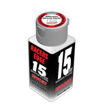 Bottle of Racers Edge Silicone Shock Oil Fluid 10-80wt 70ml with a black, white, and red label designed for radio control parts and rc car maintenance.