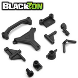 BlackZon BZN540426 Steering Posts, Ackerman & Servo Plate Vyper & Turbo set of black plastic radio control parts for rc cars, including various mounting and steering components.