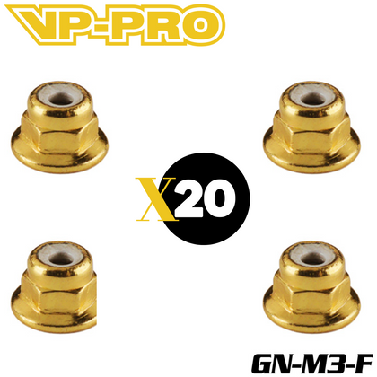 Four gold-colored VP-PRO GN-M3-F Gold M3 Flange Locknuts (20) displayed with a black circle showing quantity "x20" for radio control parts.