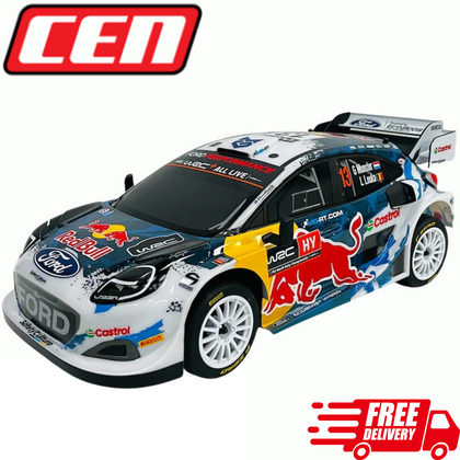 CEN Racing 2024 M-SPORT FORD Puma Rally 1 1/8 4WD RTR Brushless radio control car featuring Red Bull and Ford racing decals, designed for high-performance rc car enthusiasts.