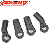 Set of four black plastic steering ball joints for radio control parts displayed against a white background, branded with the Team Corally logo, for use in rc cars. Team Corally C-00180-039 Steering Ball Joint Set.