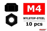 Black illustration of a hexagonal steel nylstop nut with nylon insert, labeled with "M4 Nylstop-Steel 10 pcs" and the product name Team Corally C-3101-40-6 M4 Steel Nylstop Nut (10) visible in small print.