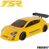 Yellow radio control car body with black wheels and spoiler, featuring Team Saxo branding, designed as Team Saxo TS01217 MGT 225mm 1/10 Car Body Clear Hatchback for RC car parts.