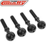 Four black threaded steel pivot balls arranged in a row, designed for radio control car parts, identified as Team Corally C-00180-123 Steel Pivot Ball (4).