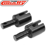 Pair of black steel center differential outdrive cups designed for radio control cars, identified as Team Corally C-00180-154-2 Steel Center Differential Outdrive Cup (2).
