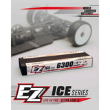 EZpower Ice Series 6300mah ULCG Stick Lipo HV PRO 7.6v 2s 140/70c battery displayed in front of an RC car chassis, designed for high performance radio control parts.