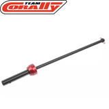 Team Corally C-00180-341 CVD Drive Shaft Long Front for radio control cars featuring a black shaft with a red anodized collar, designed for durable rc car performance upgrades.