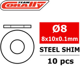 Team Corally C-3301-08-10-01 Steel Metric Shim 8x10x0.1mm (10) showing steel shims with dimensions and quantity, used for radio control parts and rc cars adjustment.