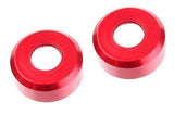 Pair of red anodized aluminum Team Corally C-00180-1040 HDA Suspension Arm Insert Aluminum Outer Spacer parts for radio control car suspension systems.