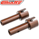 Pair of brown metal shafts labeled Team Corally C-00180-370-X Short Rear PRO Drive Axle Swiss Spring Steel (2) for radio control car parts.