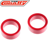 Two red anodized aluminum rings shown against a white background, representing Team Corally C-00180-531 HDA Inner Aluminum Suspension Arm Insert (2) for radio control car parts.