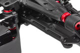 Close-up view of black and red radio control car components featuring Team Corally C-00180-921 HD Steering Links for HDA-3 (2) installed on an RC car chassis.