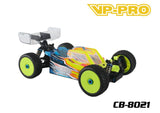 VP-Pro CB-8021 1/8 Buggy Body (Clear) Universal Nitro/Electric installed on a colorful 1/8 scale RC buggy with bright yellow wheels and detailed racing decals.