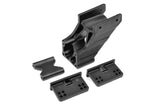 Team Corally C-00180-005-2 Adjustable Wing Mount V2, black plastic radio control part for rc cars, includes mounting brackets and hardware pieces.