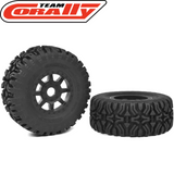 Team Corally Mudclaws 1/8 SC Tires Glued on Black Rims Short Course 17mm RC (2) shown with aggressive tread pattern for improved traction and durable construction for radio control parts.