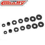 Team Corally C-00180-055 Suspension Arm Shim Kit featuring various black plastic shims and spacers for precision adjustment in radio control parts and RC cars.