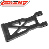 Team Corally C-00140-047 Right Rear Suspension Arm (1) for rc cars, a durable black plastic radio control parts component designed for improved suspension performance.