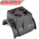 Black plastic Team Corally C-00180-821 Blower Fan Shroud fits 42mm Motors for 30mm Fan, designed for improved cooling in radio control parts.