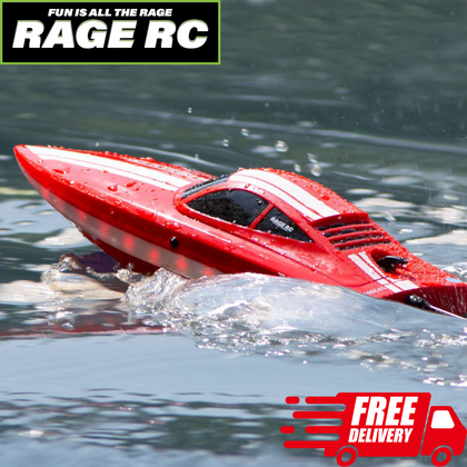 Red Rage RC Boat LightWave Micro RTR Pool Racer 2s Red speeding across water surface with splashes, showcasing sleek design and radio control performance.