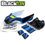 Set of blue and black RC car body and interior parts including decals, designed for the BlackZon BZN540180 Blue Black Body + Interior Smyter DB & Turbo radio control car.